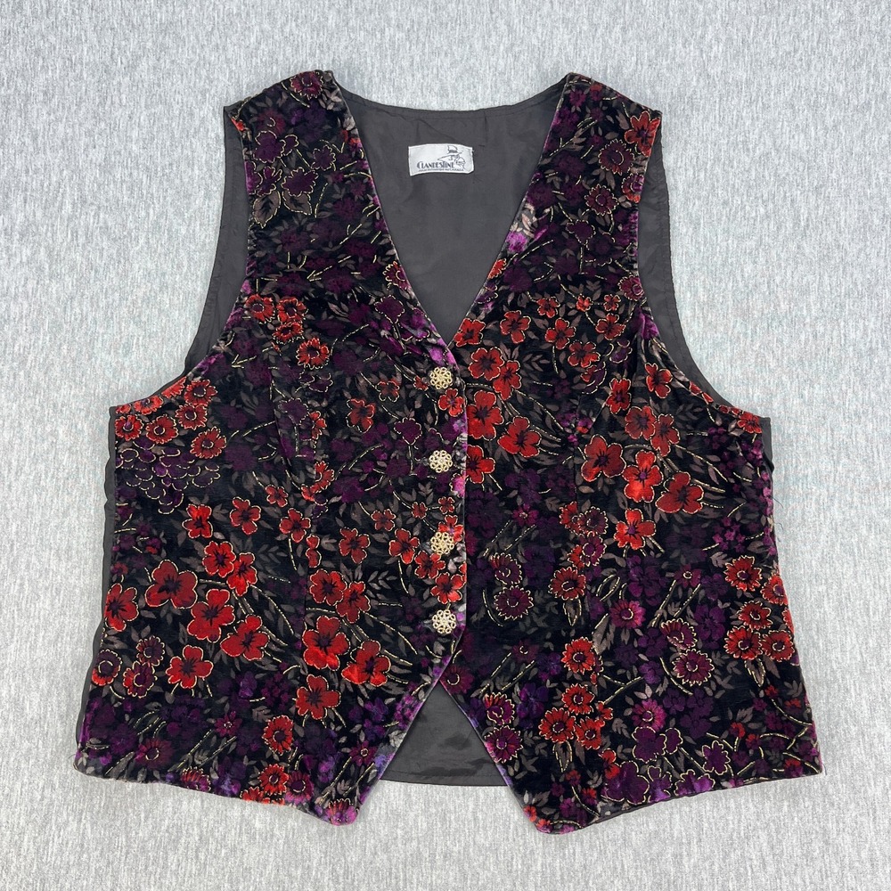 Vintage Clandestine Vest Womens 14 Floral Black Velvet Shimmery Whimsygoth Dark